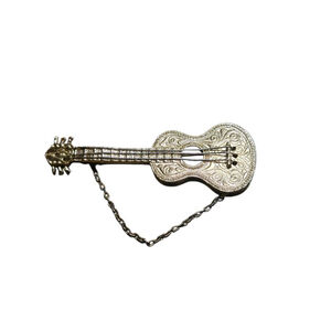 Vintage Napier Gold Tone Guitar Brooch Pin 2" Long Ornate Embossed Instrument